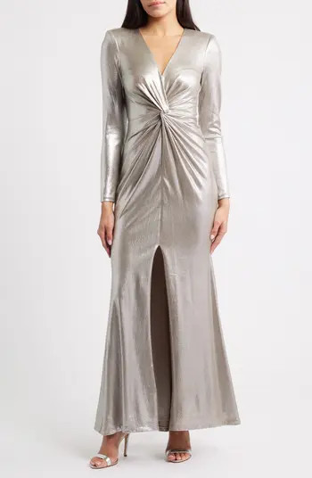 Eliza J Metallic Twist Waist Long Sleeve Gown | Nordstrom | Nordstrom