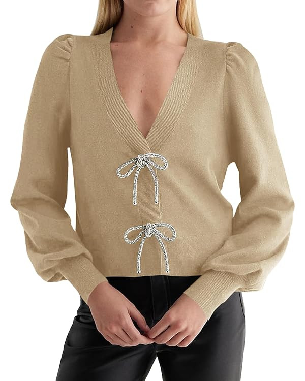 Saodimallsu Womens Bow Button Front Cardigan Sweaters V Neck Cropped Knit Sweater | Amazon (US)