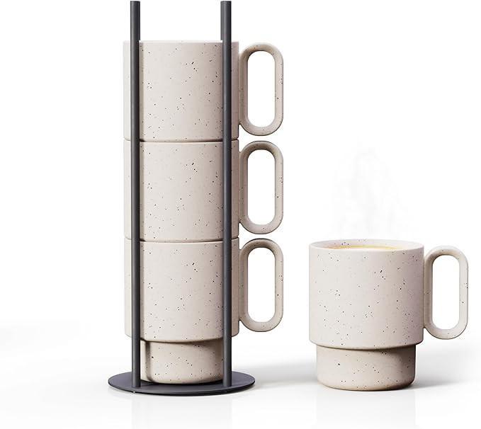 Stackable Coffee Mug Set with Black Stand - 4x10oz Ceramic Mugs with Unique Sprinkled Optics - Po... | Amazon (US)