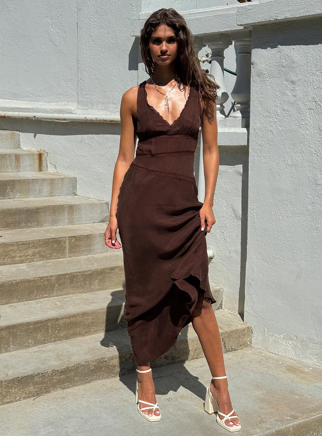 Karlotta Lace Bias Maxi Dress Brown | Princess Polly US