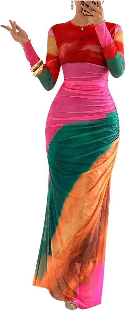 Women's Fall Long Sleeve Dress Wedding Guest Cocktail Date Night Sexy Y2K Bodycon Ruched Mesh For... | Amazon (US)