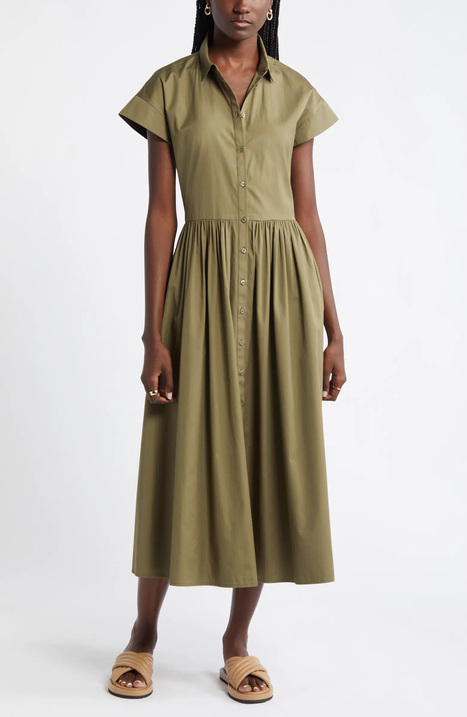 Drop Waist Button Front Cotton Midi Dress | Nordstrom