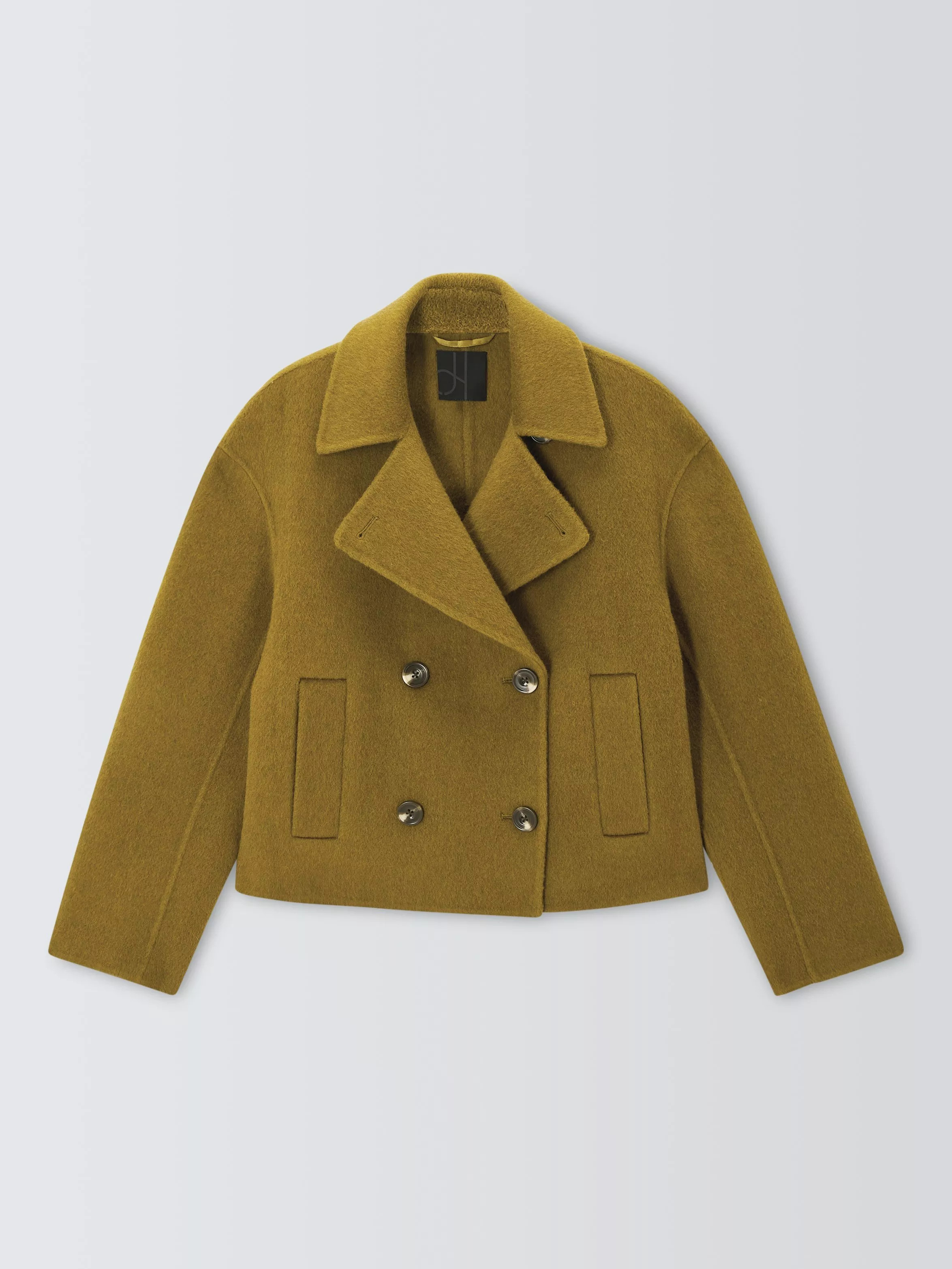 Hand Sewn Wool Rich Double Breasted Short Peacoat, Olive | John Lewis (UK)