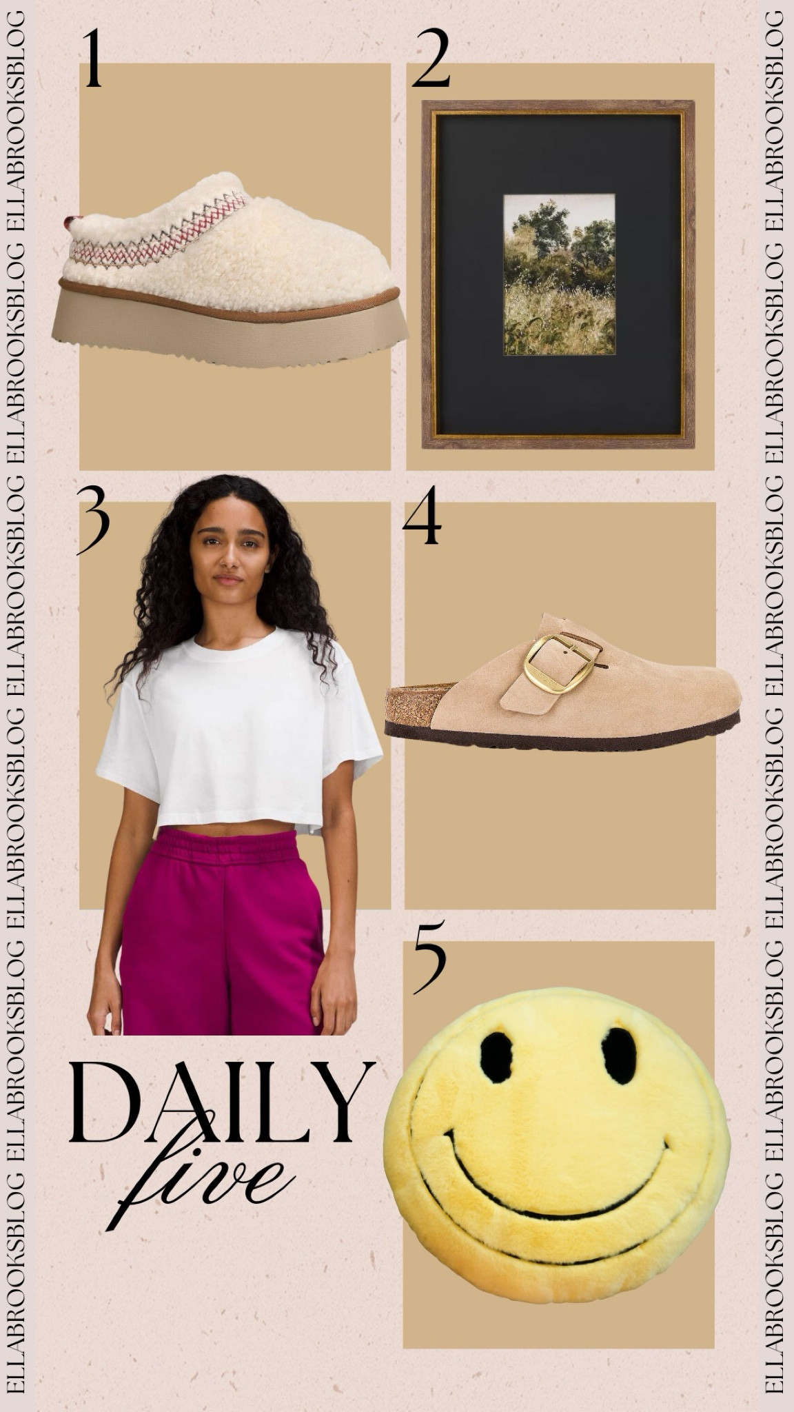 Daily 5🤍
target home, fall home, birkenstock sandals, ugg slippers, ugg dupes, amazon designer dupes, walmart home, lululemon tee, lululemon sale find 

#LTKSaleAlert #LTKStyleTip #LTKShoeCrush