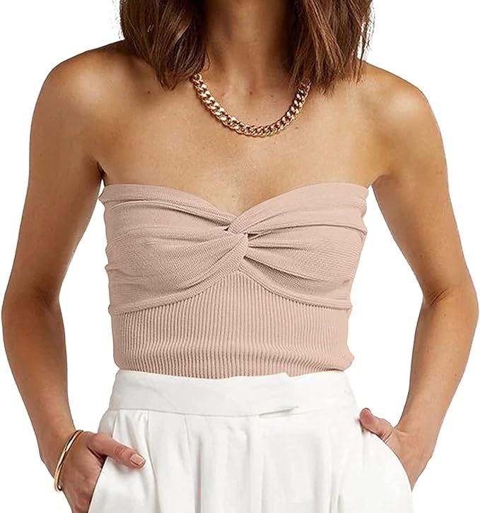 EFAN Womens Tube Tops Summer Twist Knot Front Knit Bandeau Strapless Ribbed Sleeveless Y2K Crop T... | Amazon (US)