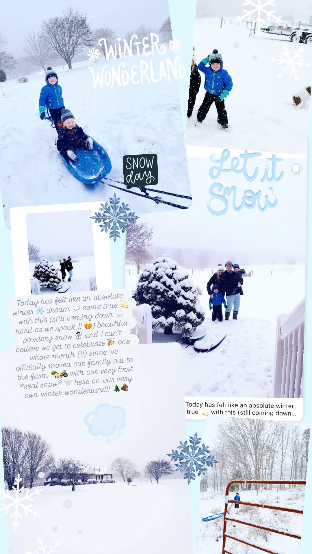 Today has felt like an absolute winter ❄️ dream 💭 come true 💫 with this (still coming down 🌨️ hard as we speak !! 🤭) beautiful powdery snow ☃️ and I can’t believe we get to celebrate 🎉 one whole month (!!) since we officially moved our family out to the farm 🏡🚜 with our very first *real snow* 🤍 here on our very own winter wonderland!! 🌲🪵 