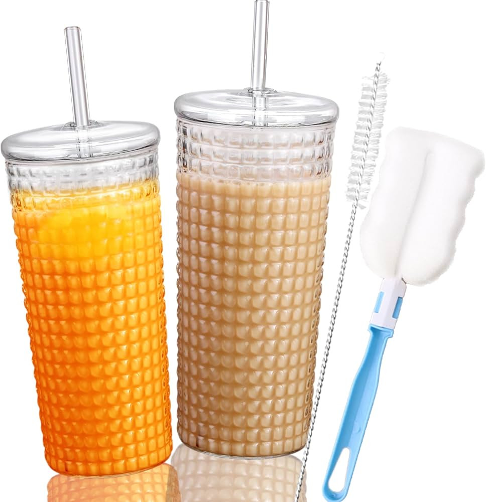 Birity Glass Cups With Lids and Glass Straws,24oz High Borosilicate Glass Tumbler Iced Coffee Smo... | Amazon (US)