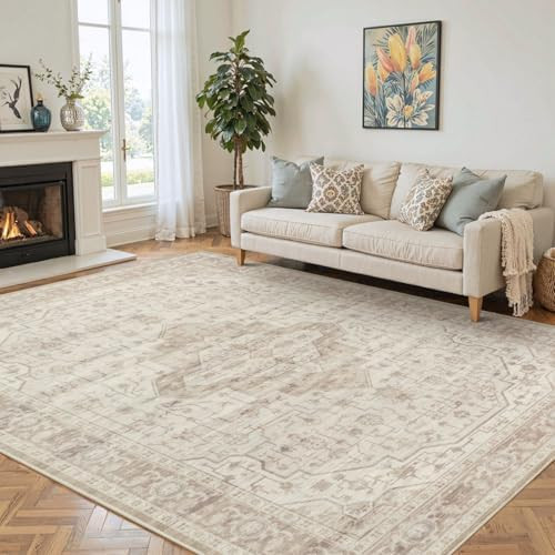 6x9 Washable Area Rug for Living Room, Vintage Neutral Large Boho Rugs for Office, Dining Room, K... | Amazon (US)