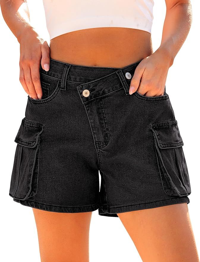 luvamia Jean Shorts for Women Trendy High Waisted Stretchy Denim Cargo Shorts Cross Over Waist Su... | Amazon (US)