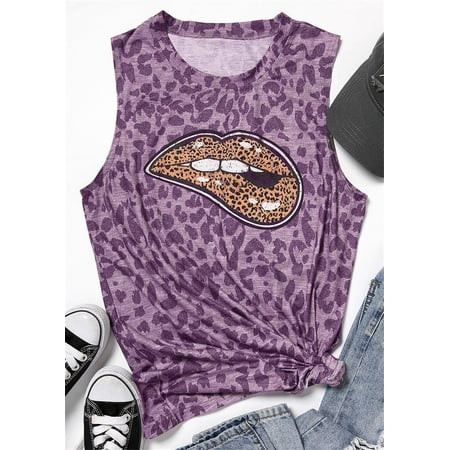 Lusofie Leopard Tank Top Women Sleeveless Tanks Top Summer Hot Lips Print tshirt Casual Female O-nec | Walmart (US)