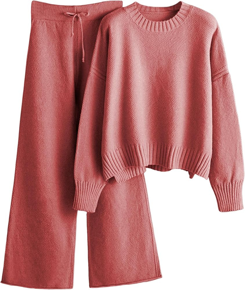 Zaxqunty 2 Piece Outfits for Women Sweater Sets Knit Long Sleeve Tops Elastic Waisted Pants Lounge S | Amazon (US)