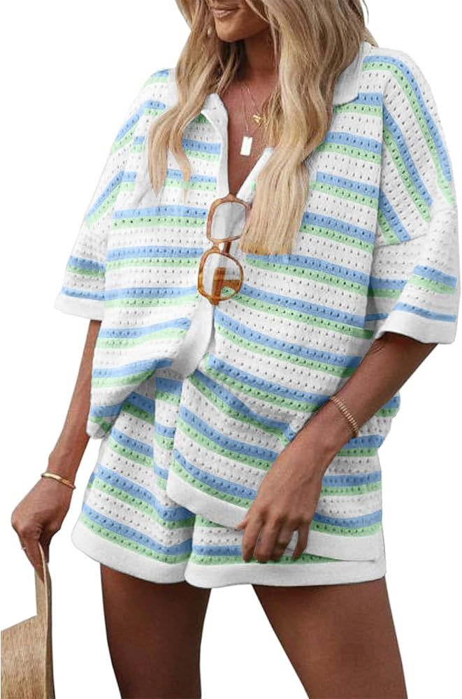 YKR Crochet Sets Two Piece Women Short Sleeve Striped Knit Pajama Sets Matching Shorts Casual Lou... | Amazon (US)