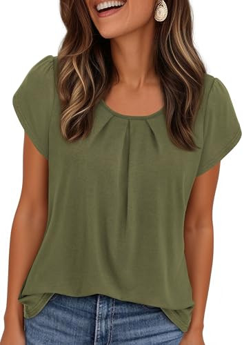 PRETTYGARDEN Womens Tops Dressy Casual Summer 2026 Short Sleeve Blouses Crew Neck Pleated Basic T... | Amazon (US)