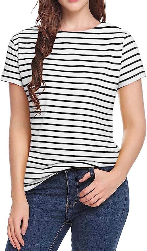 LilyCoco Women's Striped Shirt Short Sleeve Tops Crewneck T-Shirt Basic Tees | Amazon (US)