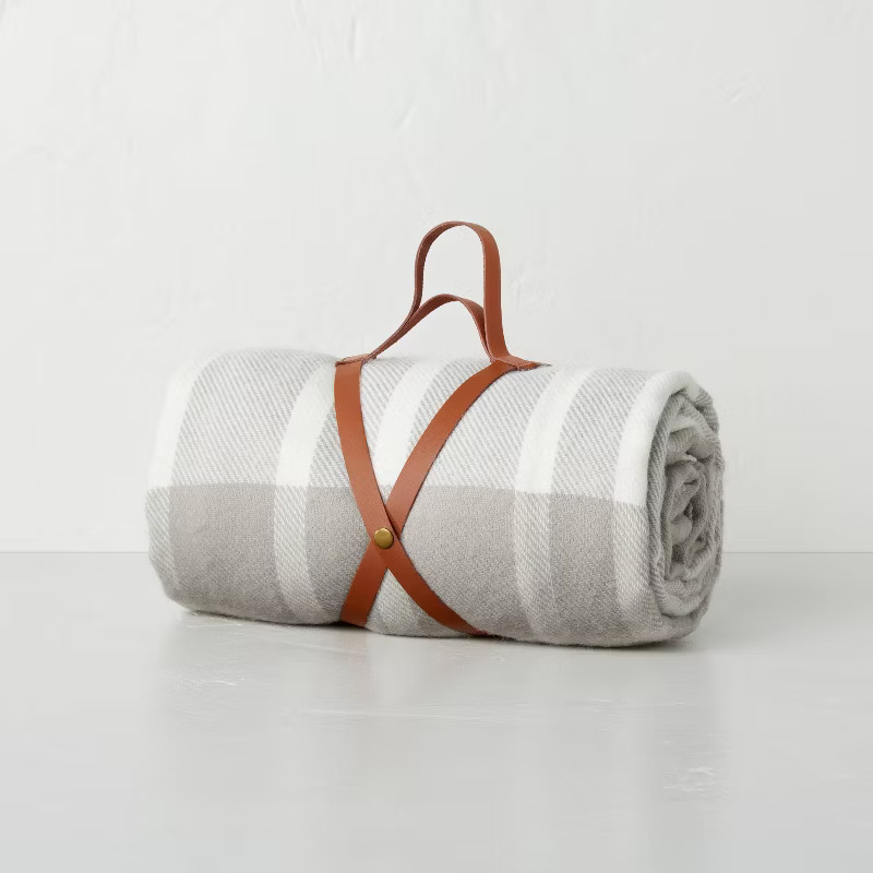 Tonal Plaid Stripes Woven Stadium Blanket Cream/Gray - Hearth & Hand™ with Magnolia | Target