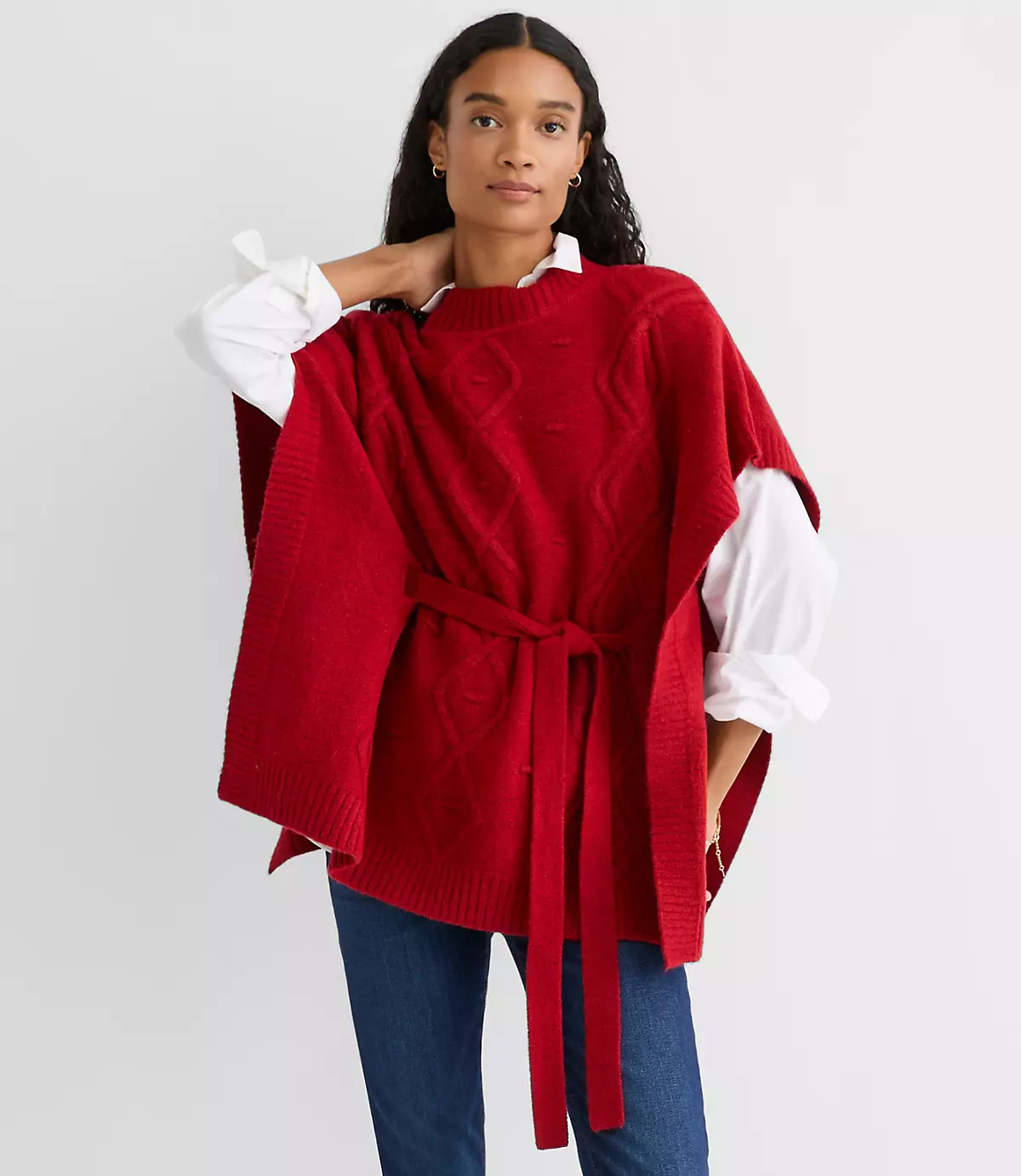 Bobble Cable Belted Poncho Sweater | LOFT