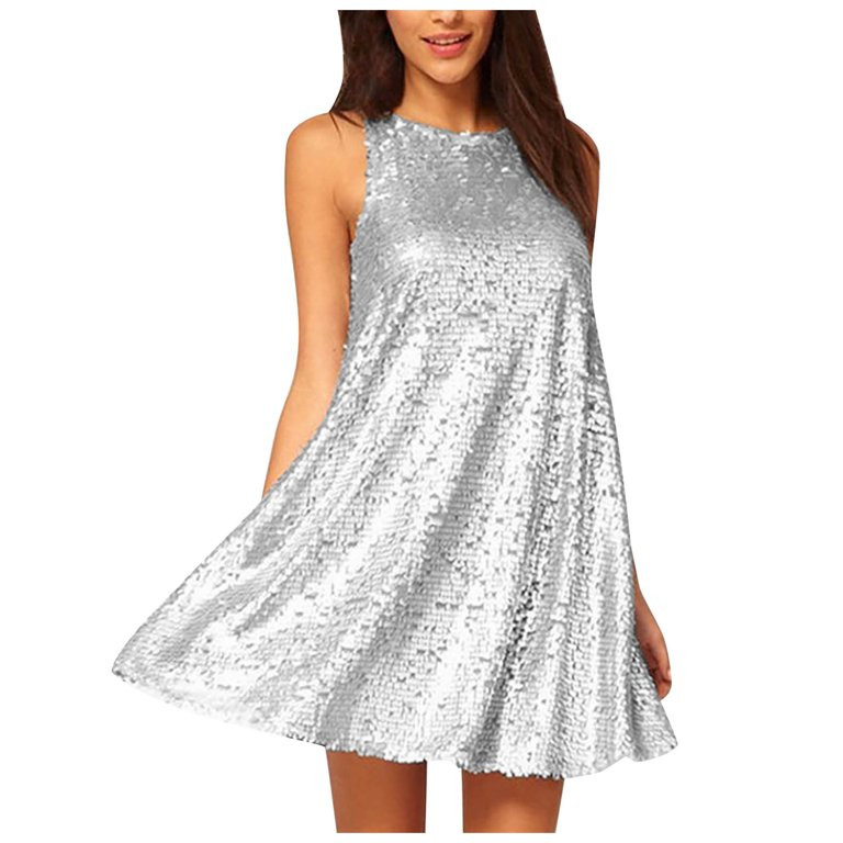 Dresses For Women Silver Feather Type Sequin Sleeveless Knee Length Tank Dress | Walmart (US)