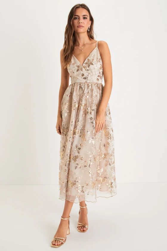 Glittery Glamour Gold Floral Embroidered Sequin Midi Dress | Lulus