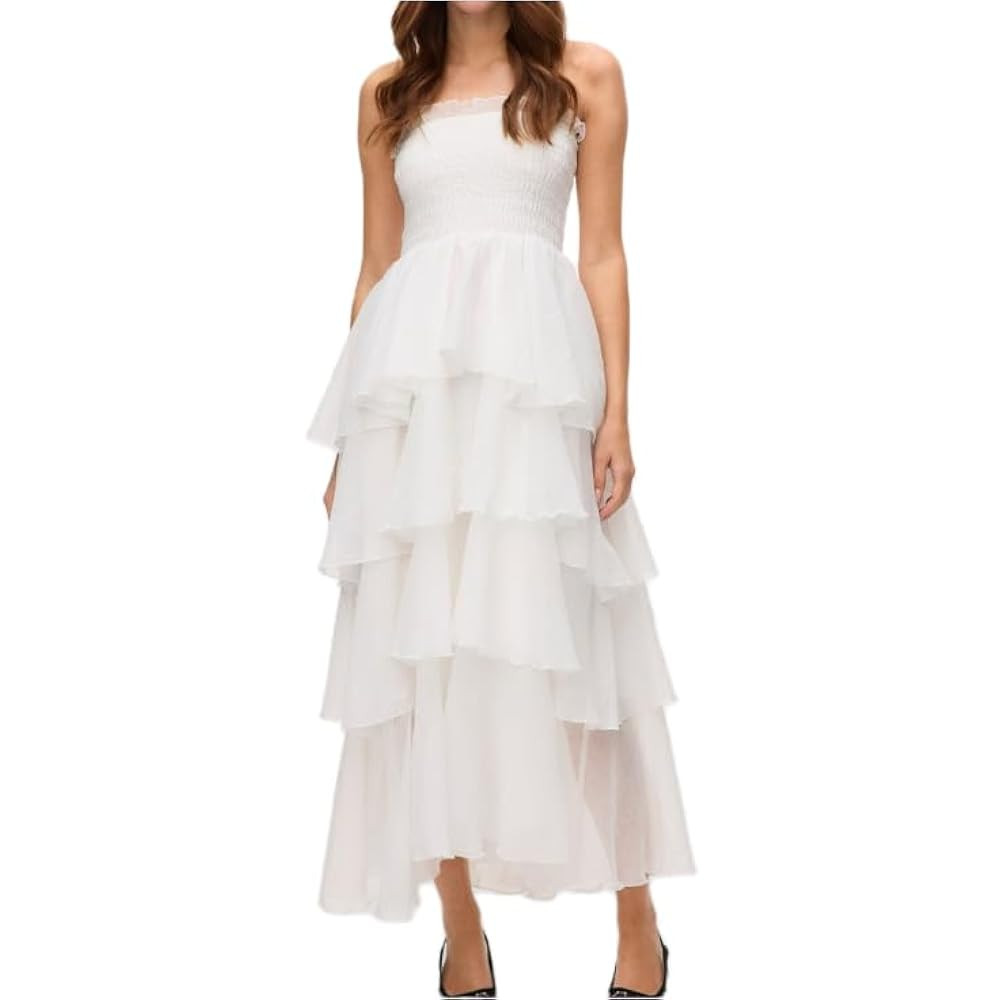 FEORJGP Women's Summer Strapless Midi Dress Corset Tube Ruffle Tiered Wedding Guest Party Dress O... | Amazon (US)