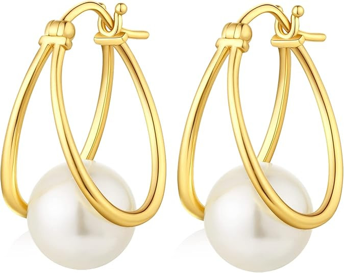 Han han 18K White Gold Plated Pearl Earrings for Women, 925 Sterling Silver Pearl Diamond Earring... | Amazon (US)