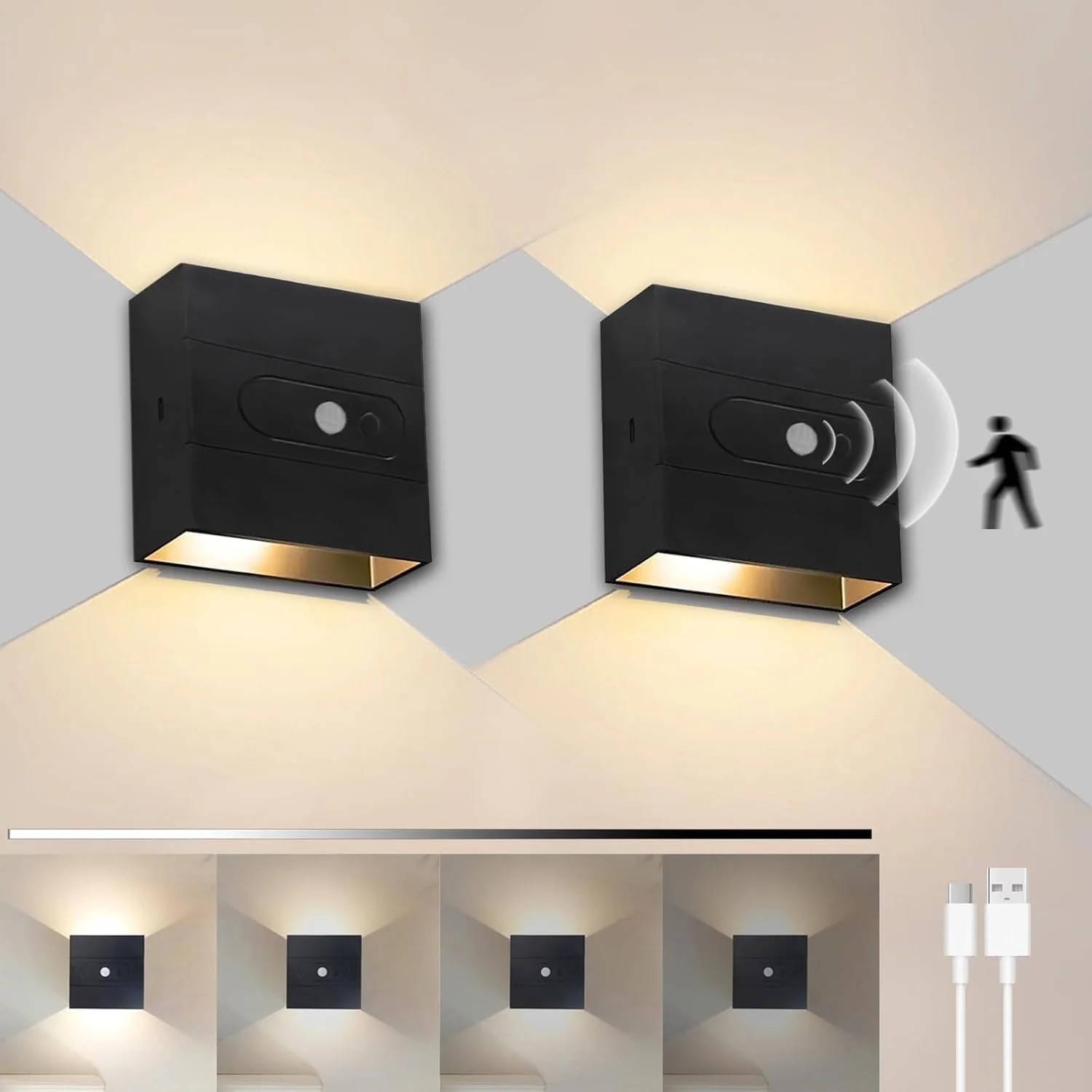 Aiteng 2 Pack Wireless Rechargeable Wall Sconce, Brightness Adjustable Motion Sensor Light Indoor... | Walmart (US)