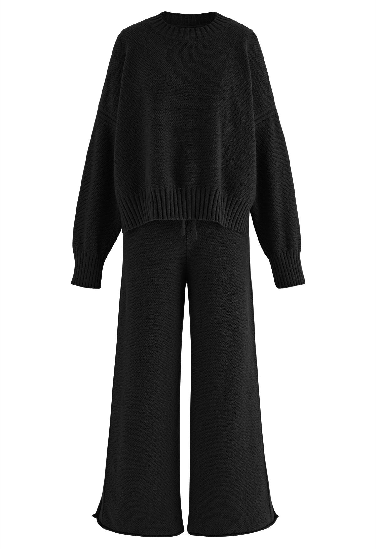 Waffle Knit Hi-Lo Sweater and Wide Leg Pants Set in Black | Chicwish