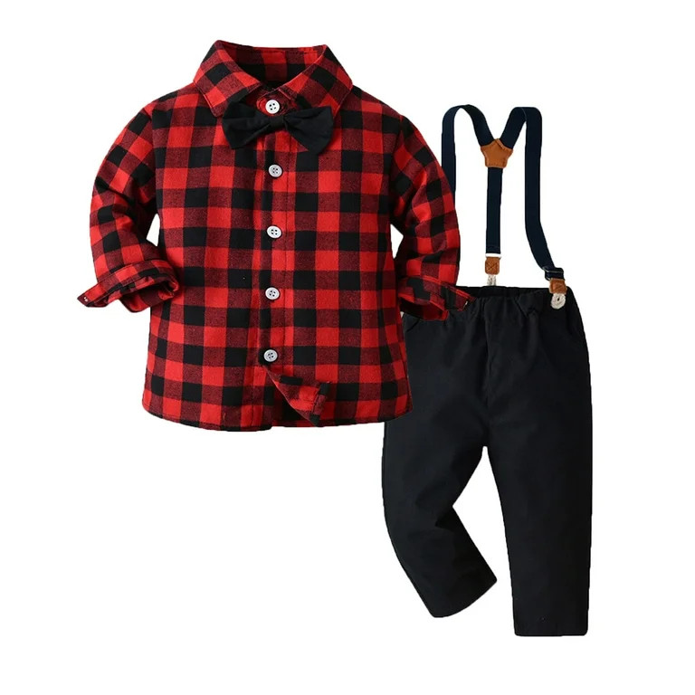 Toddler Boy Clothes Christmas Baby Boy Clothes Baby Plaid Shirt Suspender Pants Set Outfit Red Ou... | Walmart (US)