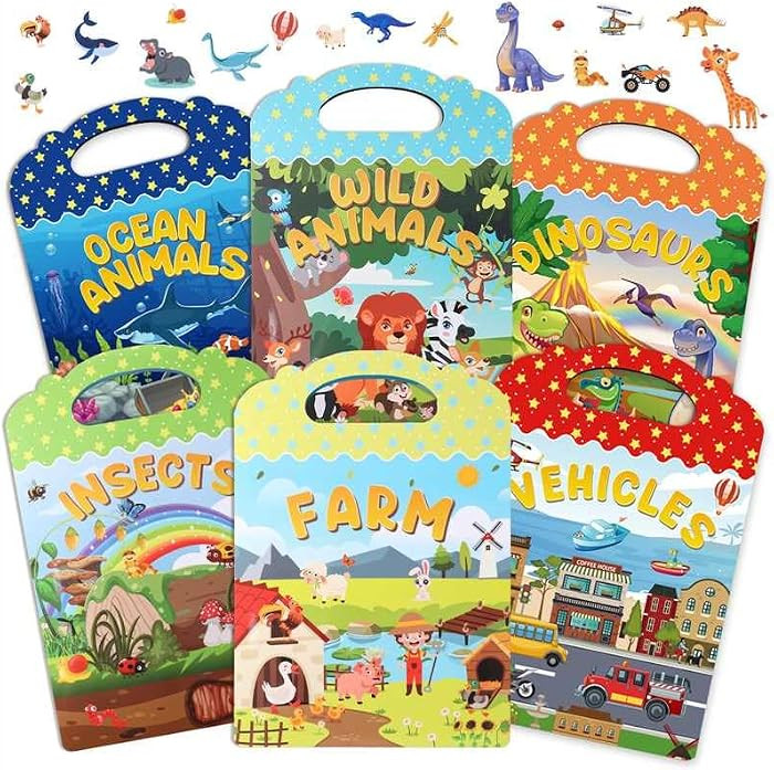 6Pcs Reusable Sticker Books, Sticker Books for Toddlers 2-4 Years, Vehicles Insects Animals Dinos... | Amazon (US)