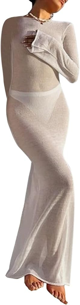 Women Y2k Going Out Dress Fall Long Maxi Dress Long Sleeve See Through Backless Sexy Beachwear Dr... | Amazon (US)