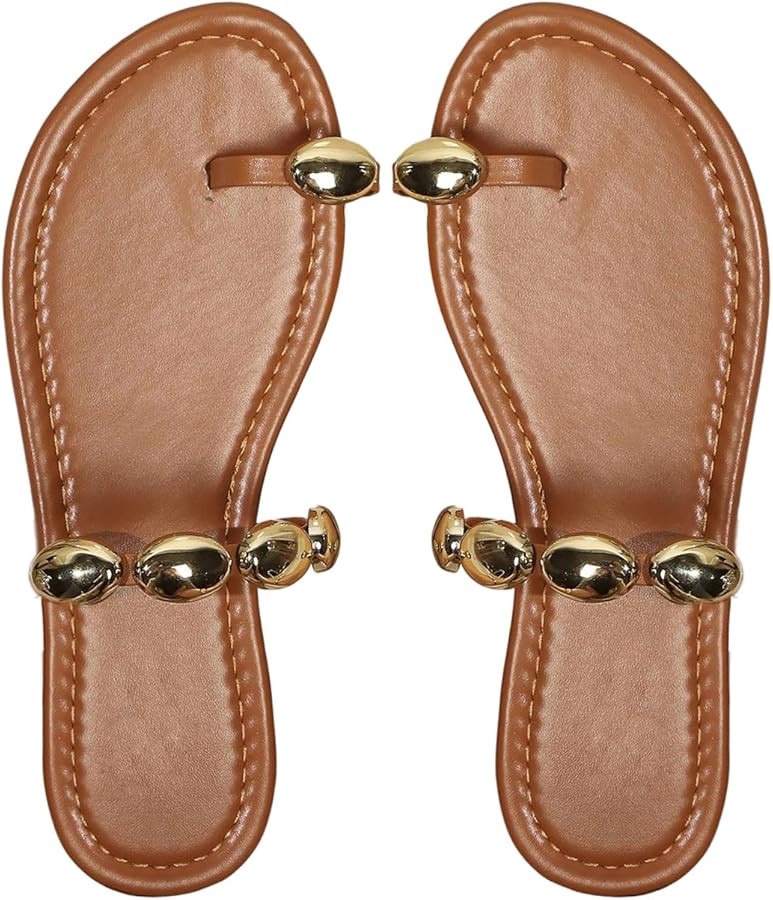 GORGLITTER Women's Gold Toe Ring Flat Sandals Dressy Open Toe Beach Metallic Slide Sandals Summer... | Amazon (US)