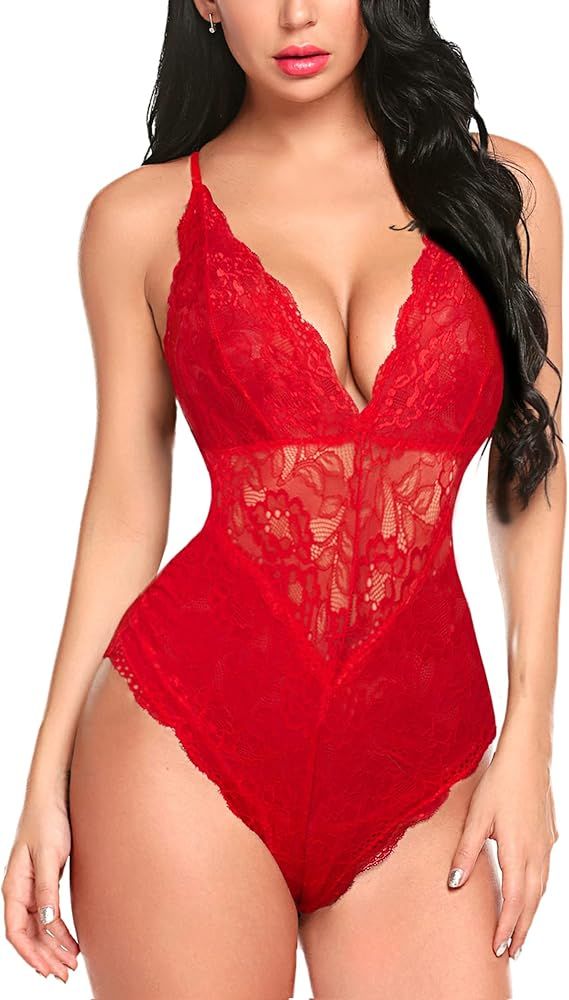 Avidlove Women Snap Crotch Lingerie Sexy Lace Bodysuit Deep V Teddy One Piece Lace Babydoll | Amazon (US)