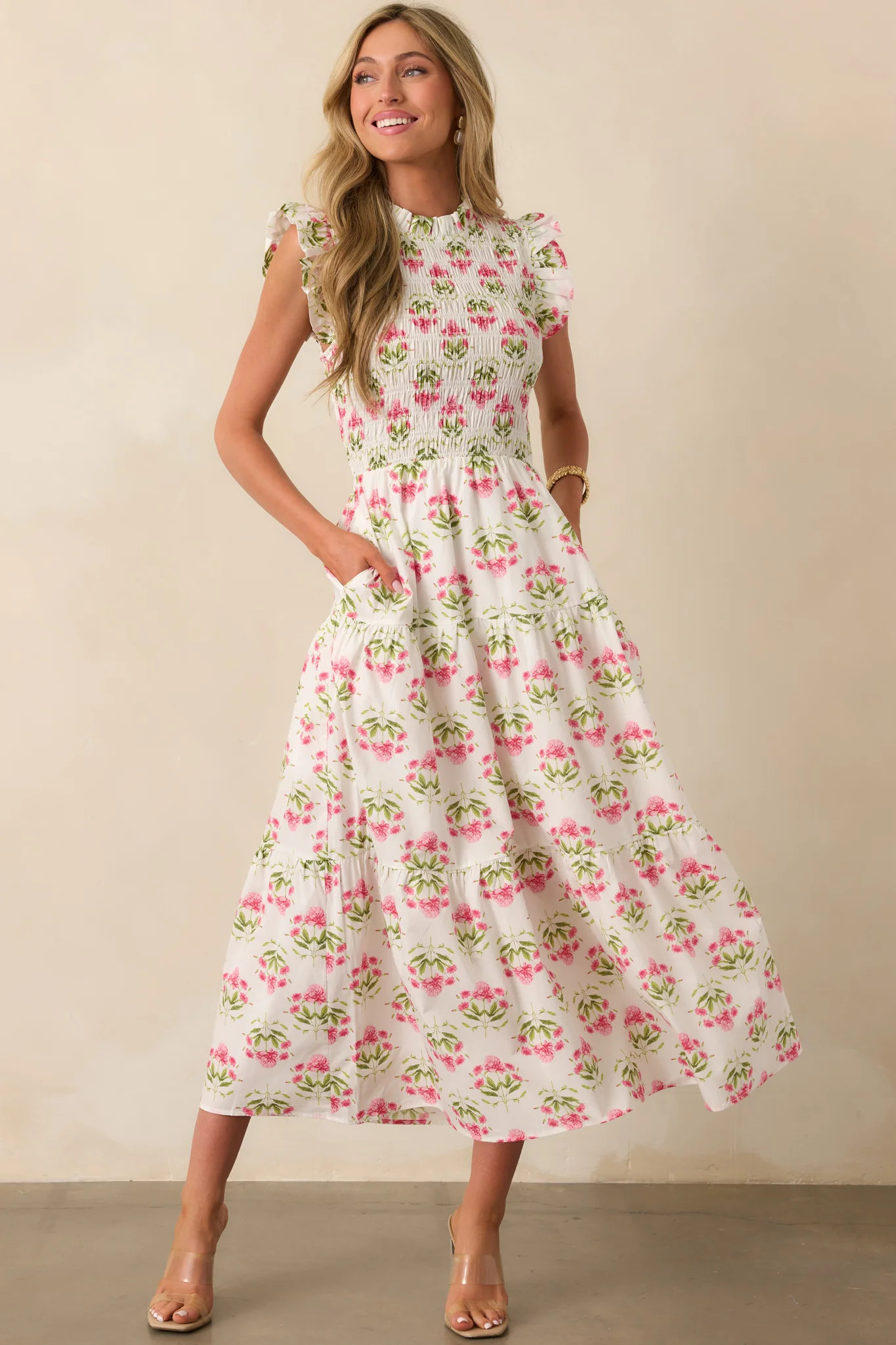 At The Wishing Well Pink Floral Cotton Smocked Maxi Dress | Red Dress