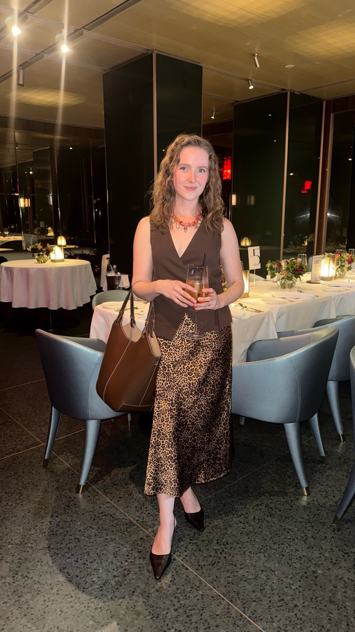 NYC going out look
Chocolate brown wrap vest on sale wearing xs & leopard slip skirt xs 
Workwear, date night look

#LTKootd #LTKWorkwear #LTKSaleAlert