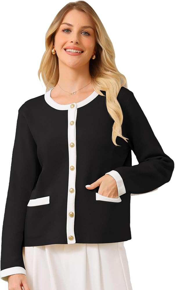 Hobemty Women's Casual Cardigan Sweater Crewneck Contrast Color Long Sleeve Knit Ribbed Jacket Co... | Amazon (US)