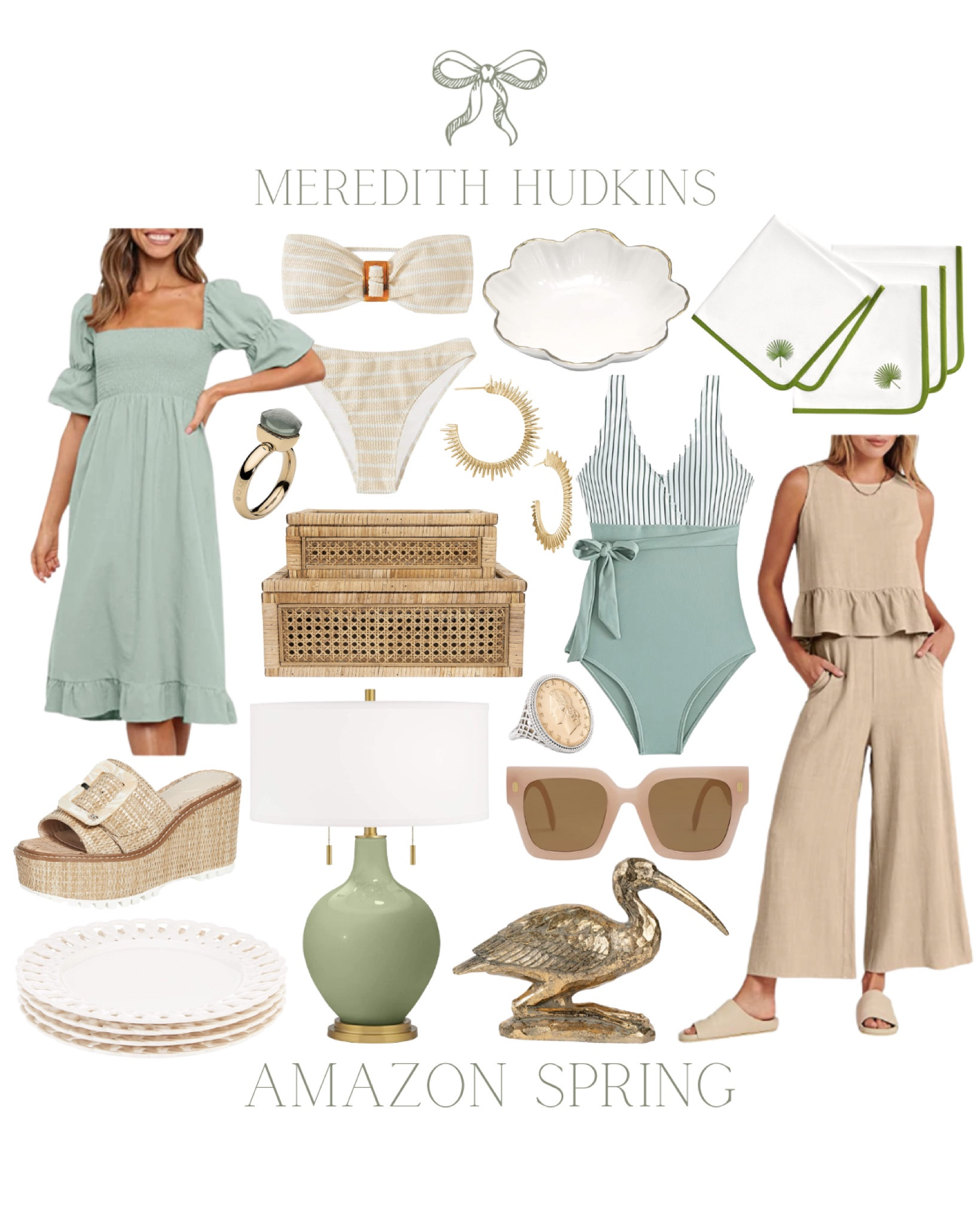 Spring fashion, women’s fashion, two-piece outfit, one piece swimsuit, bikini, sage dress, green dress, beige outfit, women’s sunglasses, green table lamp, cloth napkins, hosting, entertaining, woven boxes, coastal home decor, preppy decor, Sam Elderman platform sandals, ring, earrings, classic, timeless, Amazon home 

#LTKhome #LTKstyletip #LTKswim