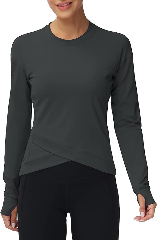 Women's Long Sleeve Compression Shirts Workout Tops Cross Hem Athletic Running Yoga T-Shirts with Th | Amazon (US)