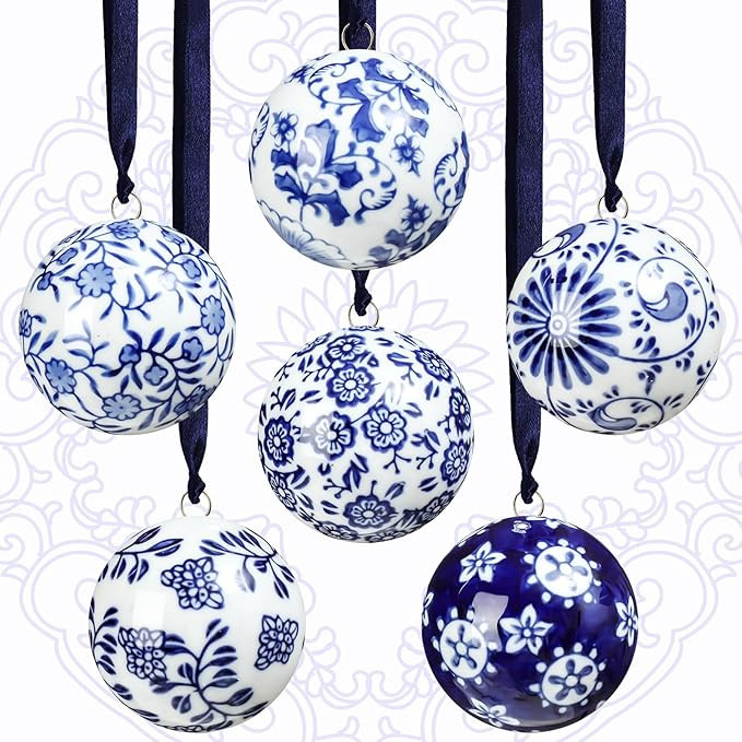 Cindeer 6 Pcs Blue and White Christmas Porcelain Balls 2.4 Inch Porcelain Chinoiserie Ornament Bu... | Amazon (US)