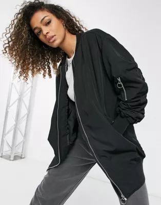 Only longline bomber jacket with ruched sleeves in black | ASOS | ASOS (Global)