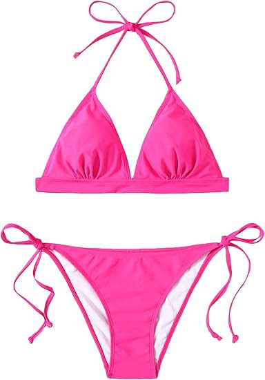 SweatyRocks Women's Solid Color Bathing Suits Halter Triangle Bikini Top Thong Swimsuits | Amazon (US)