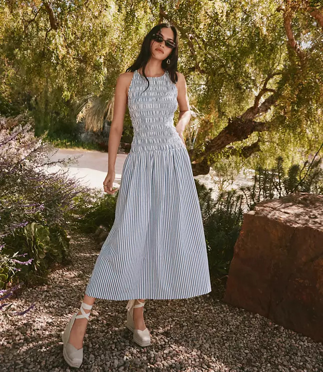 Tall Striped Smocked Halter Midi Dress | LOFT