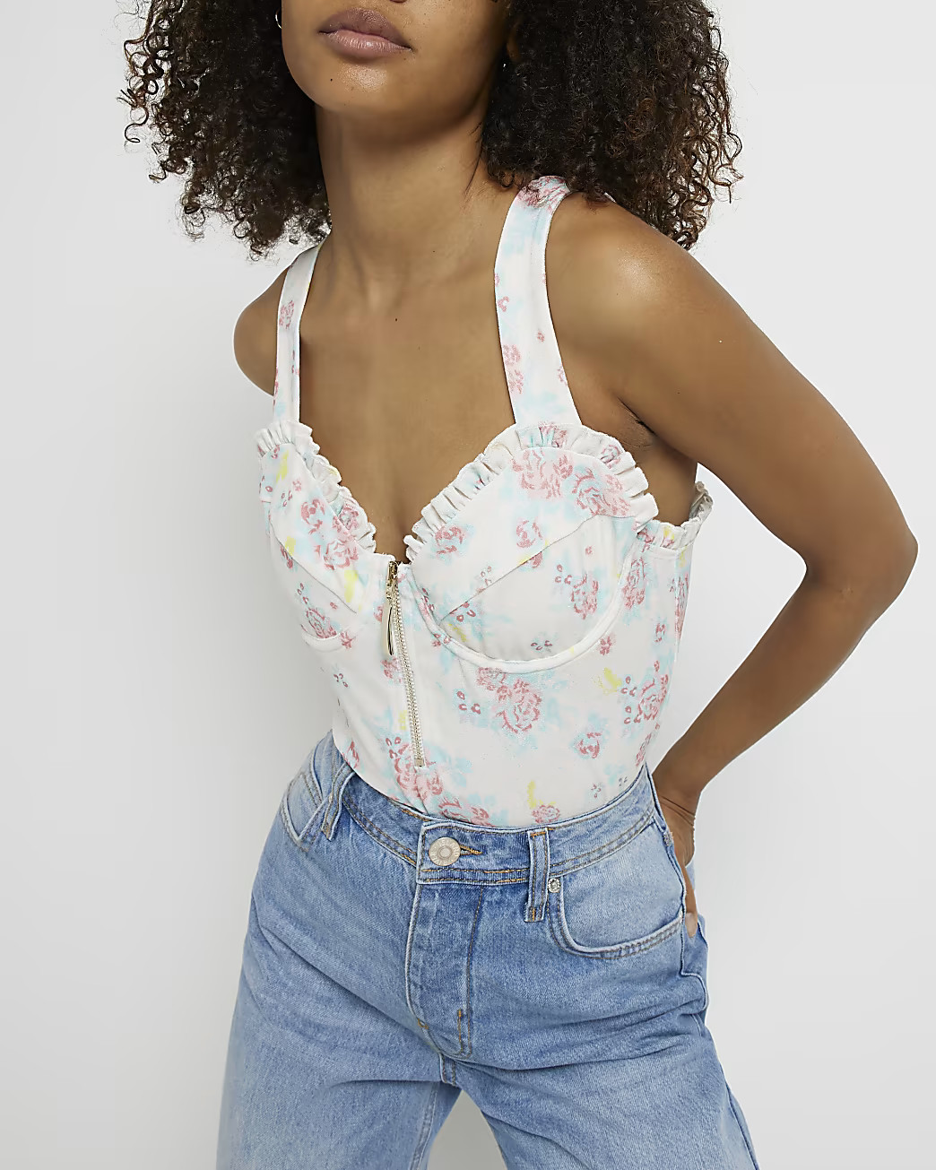 River Island Womens White Floral Frill Bodysuit | River Island (US)