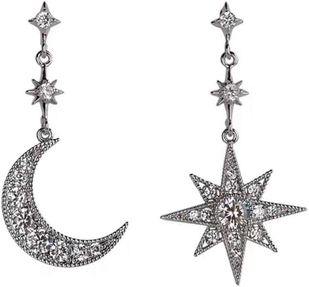 Vintage Moon Star Crystal Asymmetrical Dangle Drop Earrings Silver Sun Earrings for Women Girls | Amazon (US)
