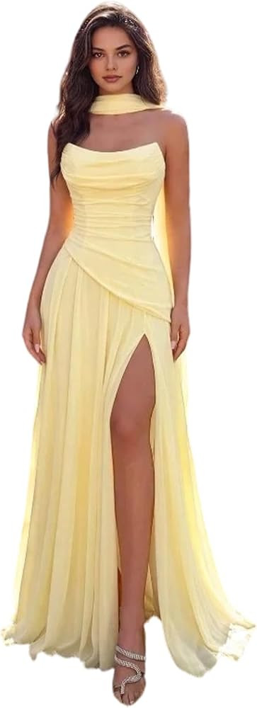 Women's Prom Dress Sheath Strapless Tulle Pleats Evening Dress | Amazon (US)