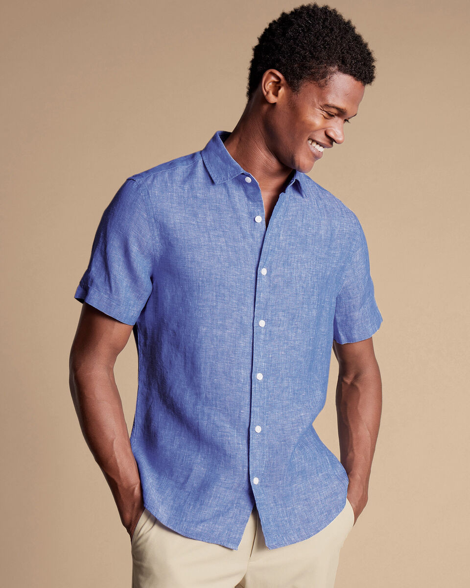 Pure Linen Short Sleeve Shirt - Cobalt Blue | Charles Tyrwhitt