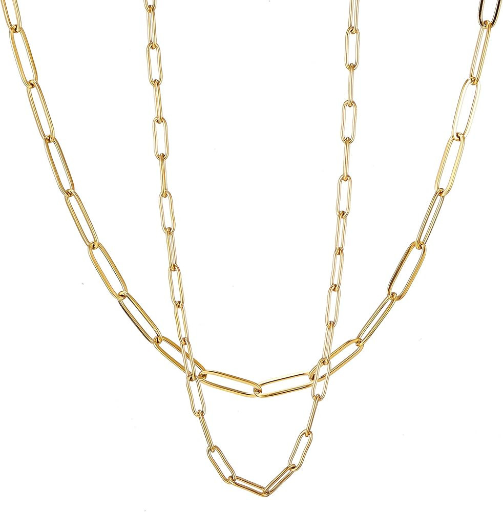 RWQIAN 18k Gold Paperclip Chain Link Necklace Dainty Paperclip Link Chain Layered Necklace Oval L... | Amazon (US)