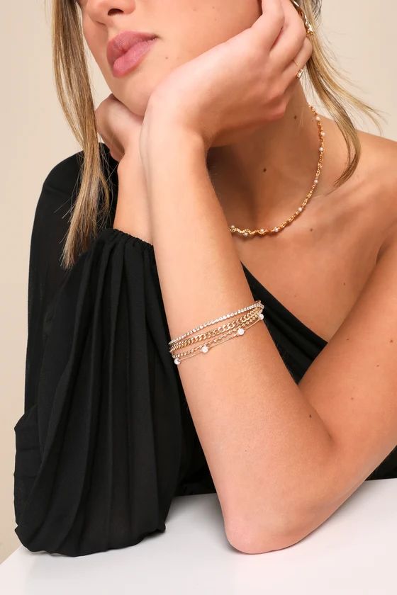 Dazzling Shine Gold Pearl Rhinestone Layered Chain Bracelet | Lulus