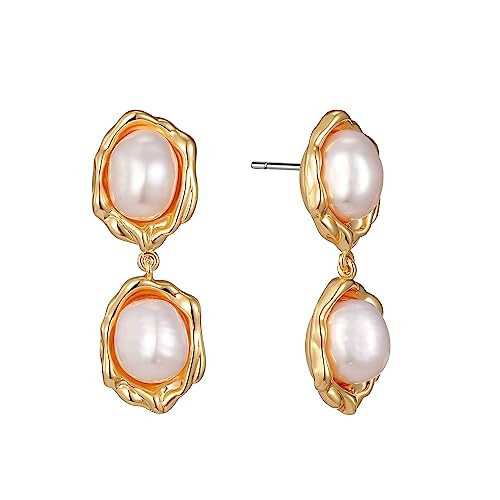 XYJZXY 18K Gold Pearl Drop Earrings for Women Natural Freshwater Pearl Dangle Earring -Gold | Amazon (US)