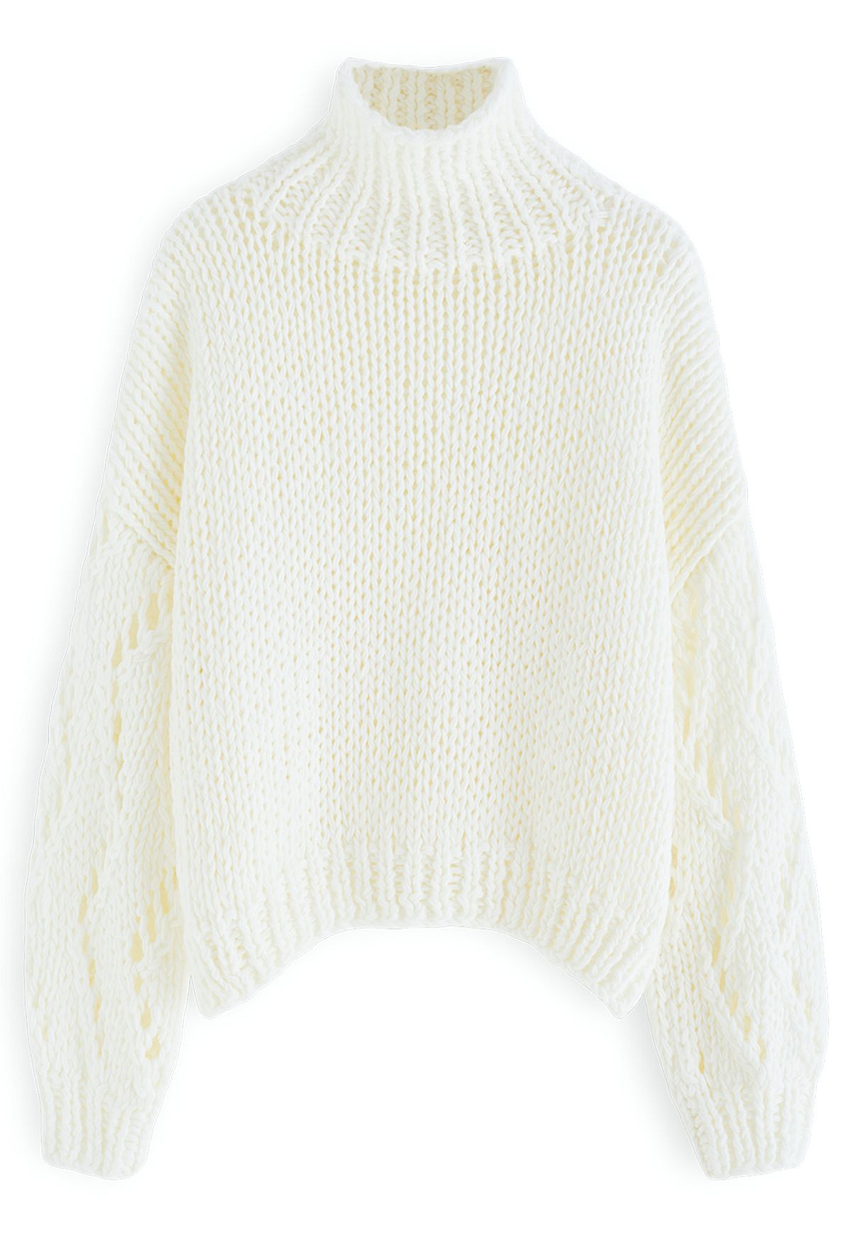 Pointelle Sleeve High Neck Hand-Knit Sweater in White | Chicwish