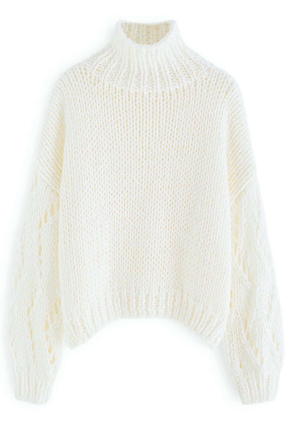 Pointelle Sleeve High Neck Hand-Knit Sweater in White | Chicwish