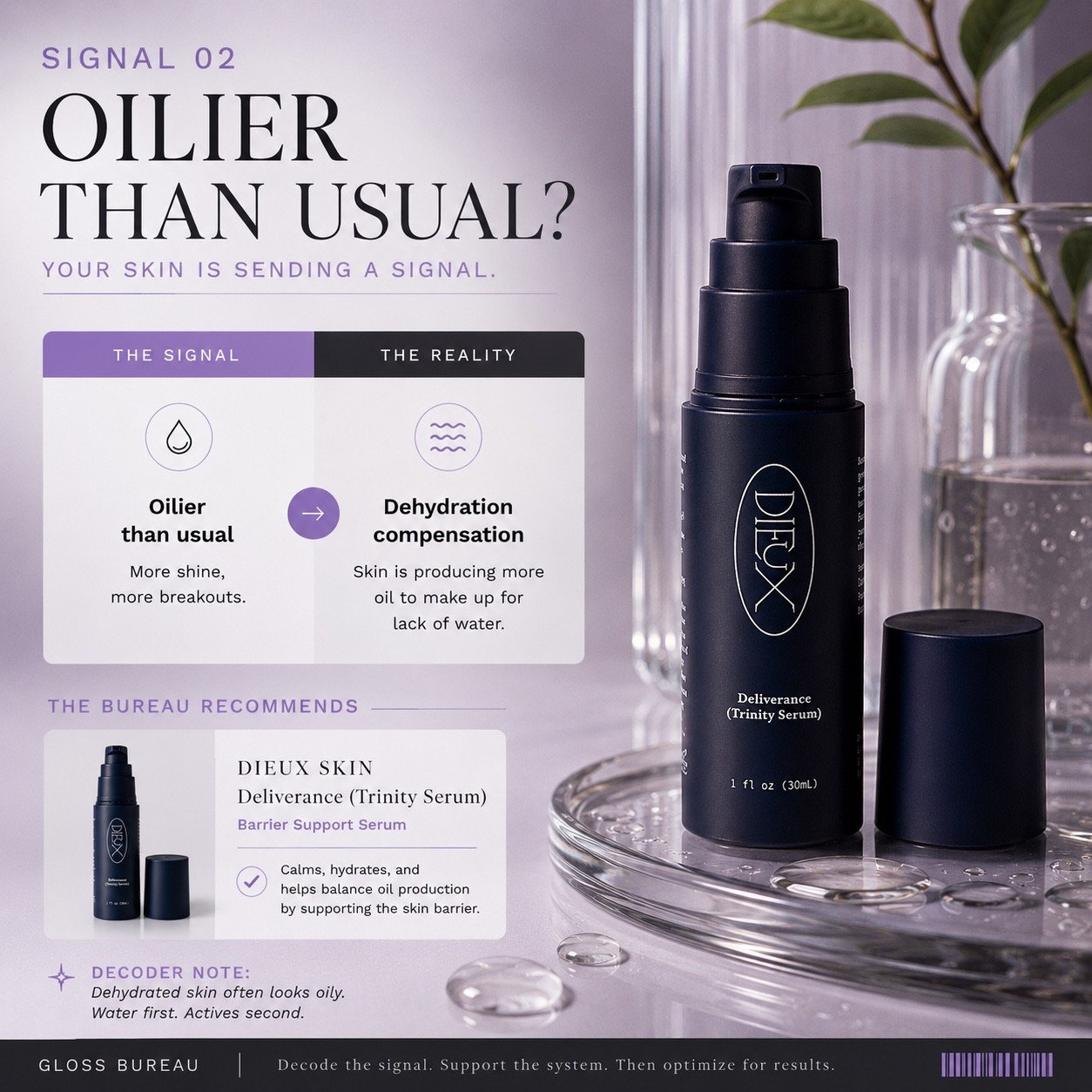 Is your skin oilier than usual with more shine and breakouts? We are decoding the Signal of excess oil production. The reality is often dehydration compensation, where the skin produces more oil to make up for a lack of water. Dehydrated skin often looks oily, so remember: water first, actives second. The Bureau recommends Dieux Skin Deliverance (Trinity Serum), a #BarrierSupport #Serum to calm, hydrate, and balance #oil production.

#LTKBeauty #LTKmorningroutine #LTKselfcare
